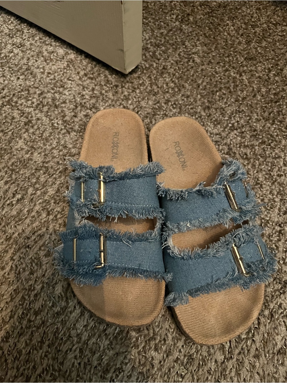 Blue Denim Double-Strap Slide Sandals